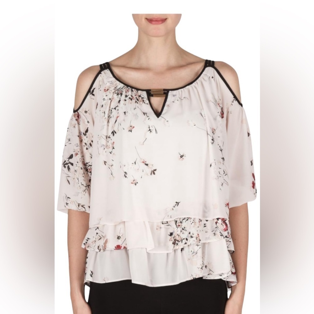 Joseph Ribkoff Beige Floral Cold Shoulder Top Ruffle Blouse Top Size 2
